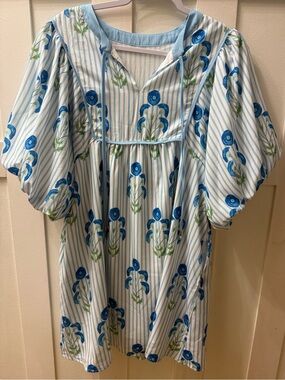 A Classy Chic Boutique Blue & White Striped Midi Dress with Floral Motif